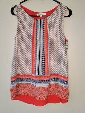Rose + Olive Sleeveless Blouse Women’s M Boho Stripe Print Keyhole Neck Top